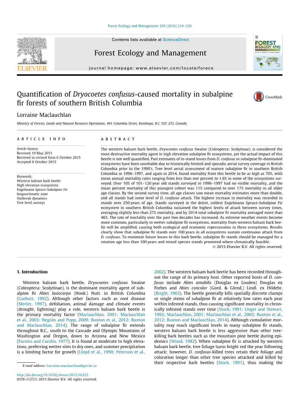 Quantification of Dryocoetes Confusus-Caused Mortality in Subalpine Fir Forests of Southern British Columbia