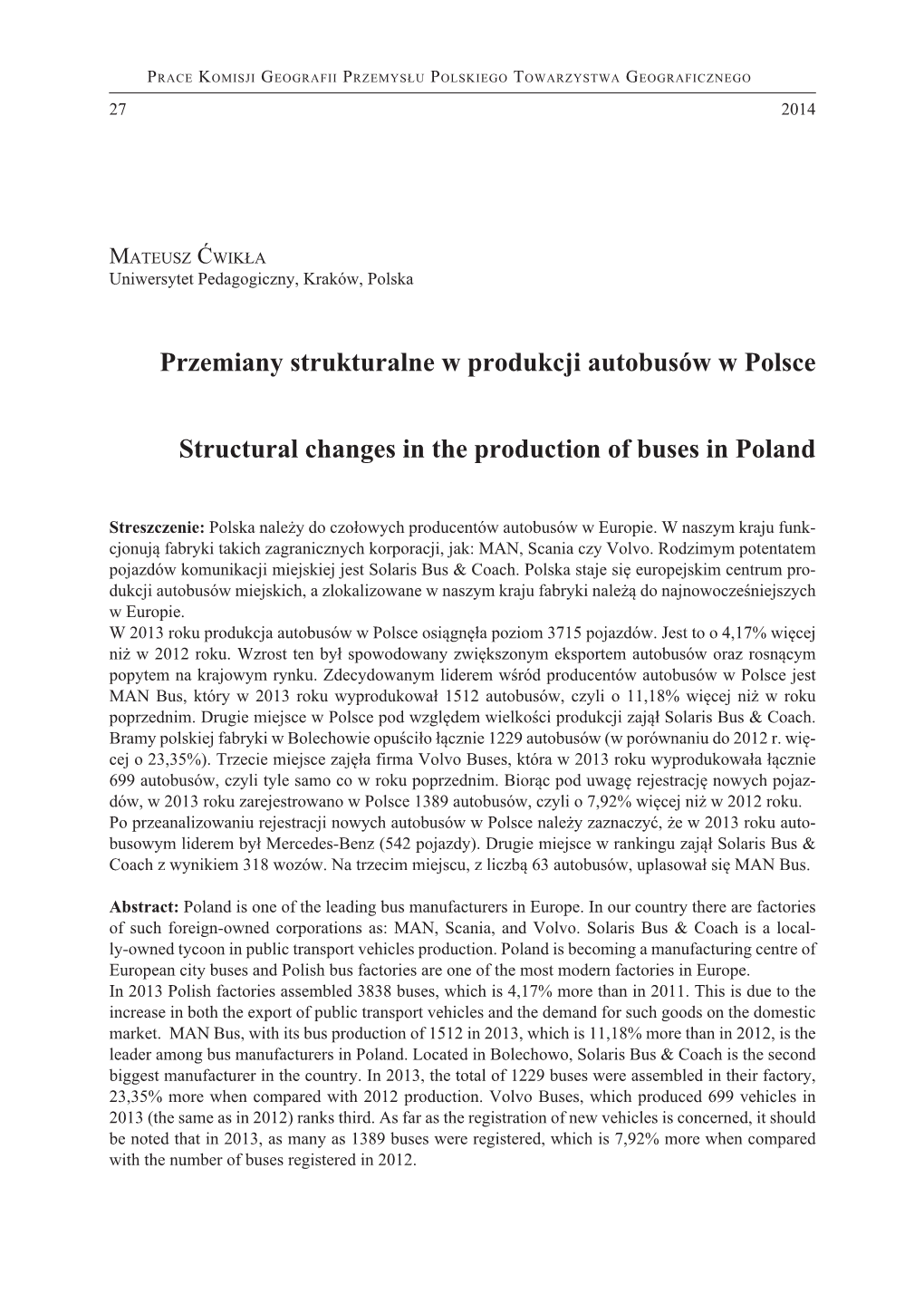 Przemiany Strukturalne W Produkcji Autobusów W Polsce