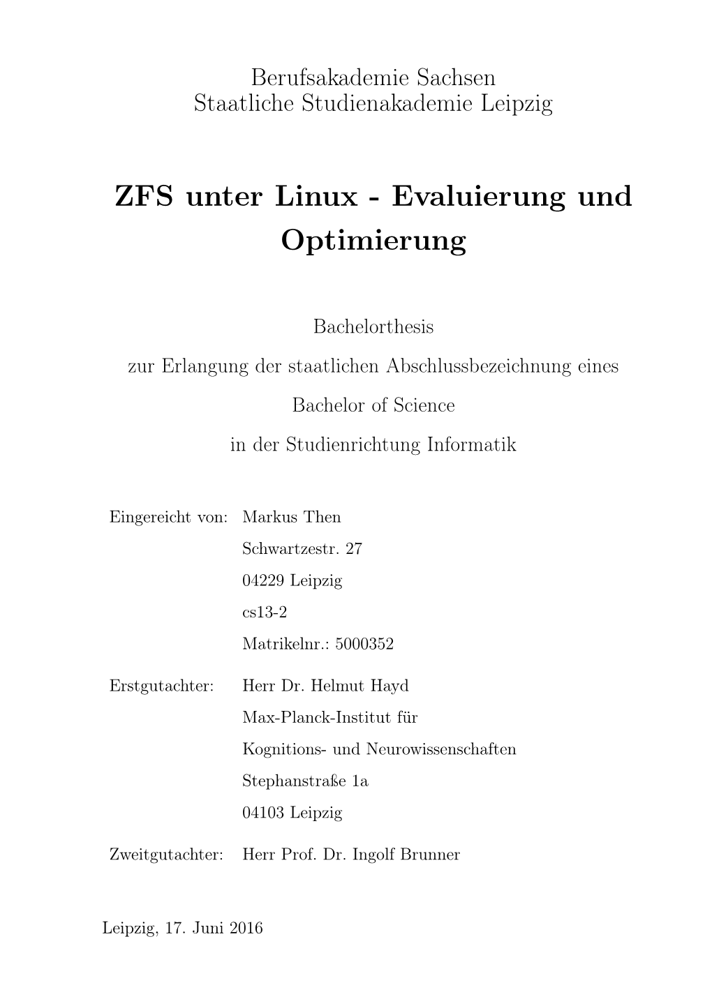 ZFS Unter Linux - Evaluierung Und Optimierung