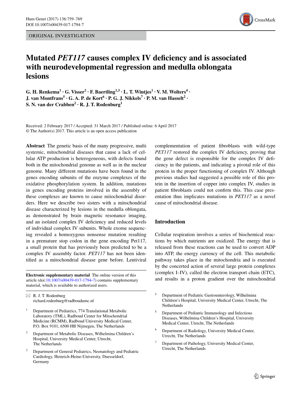 Mutated PET117 Causes Complex IV Deficiency and Is Associated With