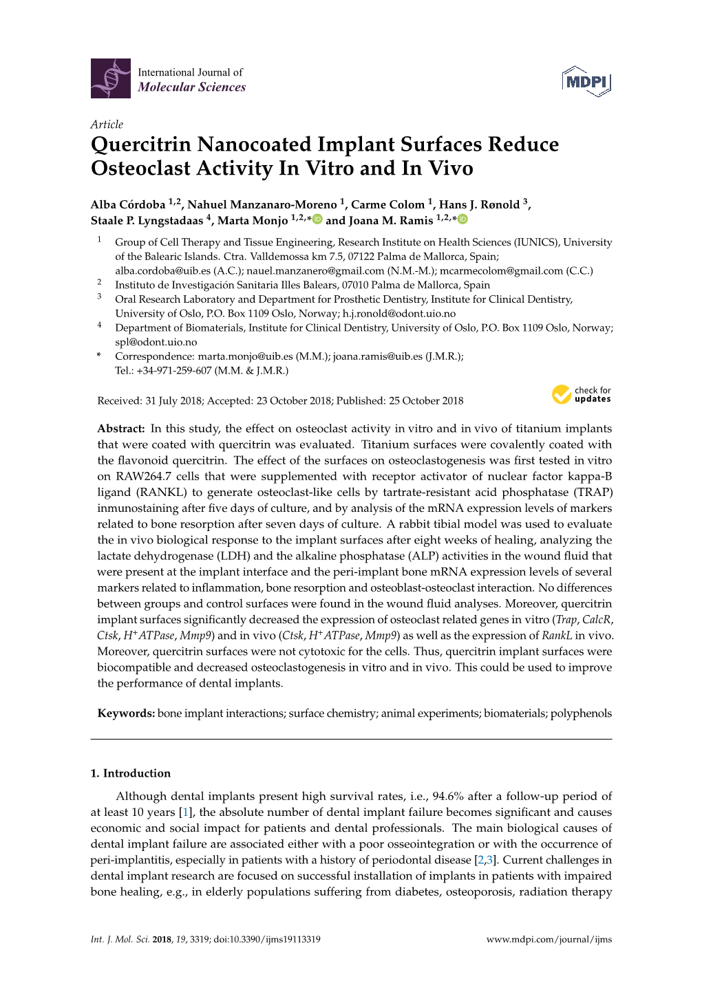 Quercitrin Nanocoated Implant Surfaces Reduce Osteoclast Activity in Vitro and in Vivo