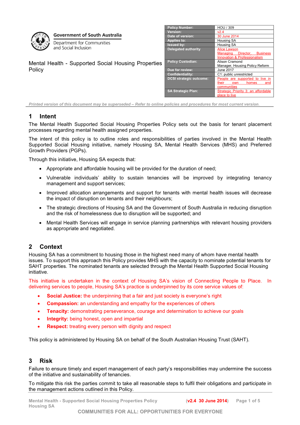 Mental Health Supported Housing Properties Policy