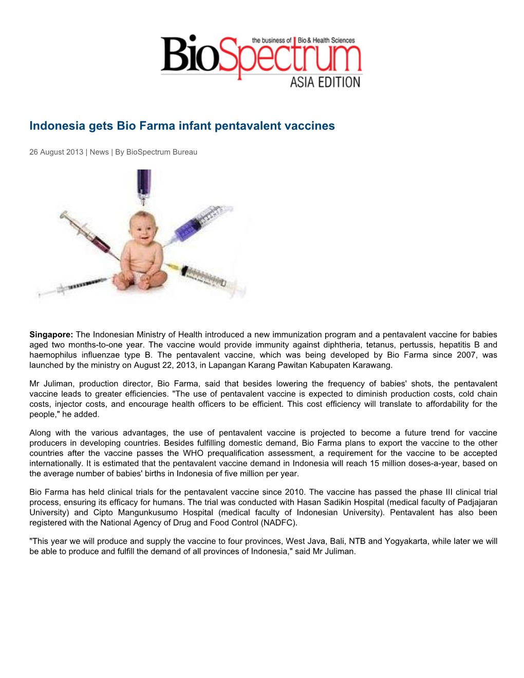 Indonesia Gets Bio Farma Infant Pentavalent Vaccines