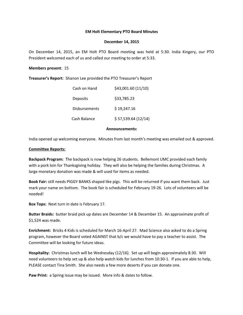 EM Holt Elementary PTO Board Minutes s1