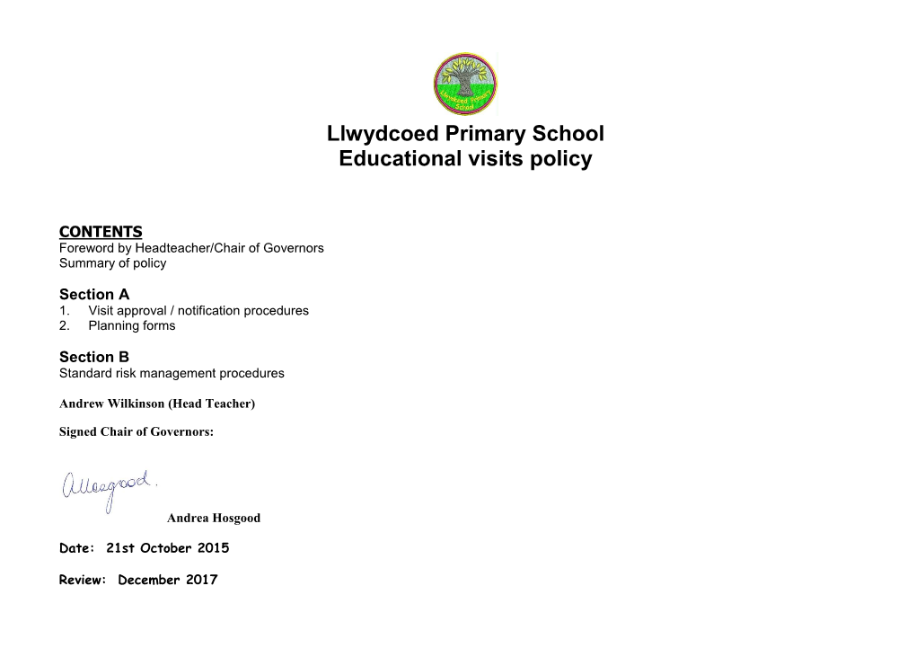 Llwydcoed Primary School Educational Visits Policy