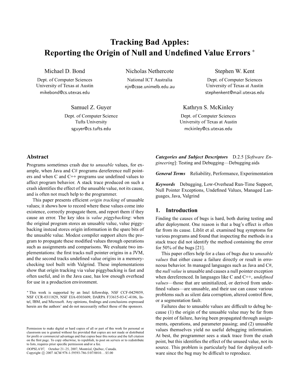 Tracking Bad Apples: Reporting the Origin of Null and Undeﬁned Value Errors ∗