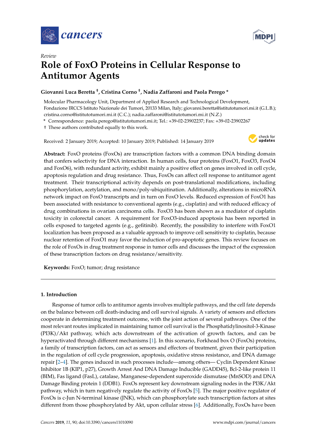 Role of Foxo Proteins in Cellular Response to Antitumor Agents