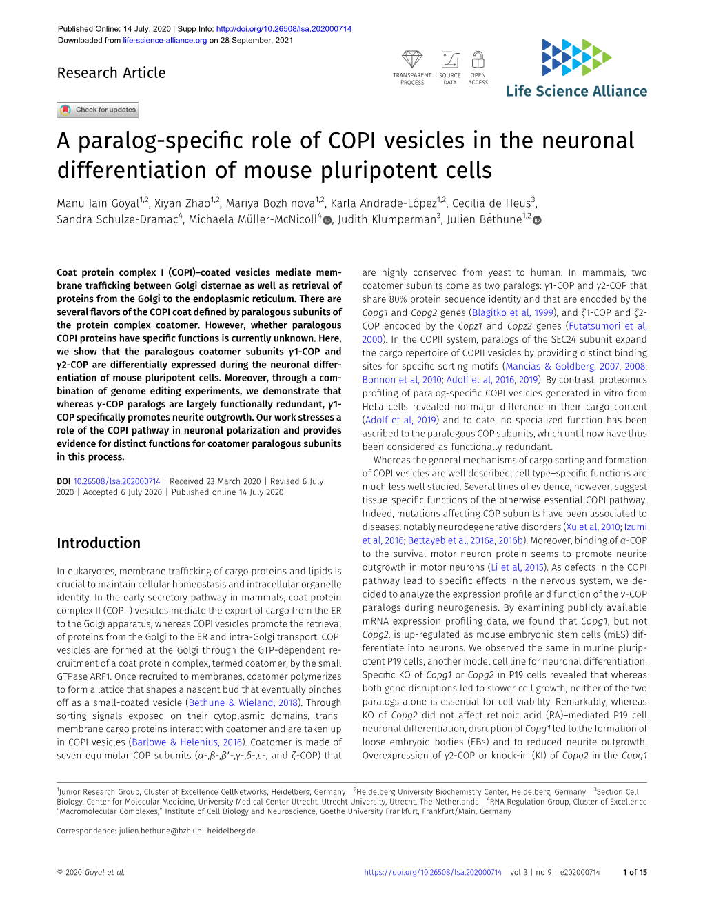 A Paralog-Specific Role of COPI Vesicles in the Neuronal