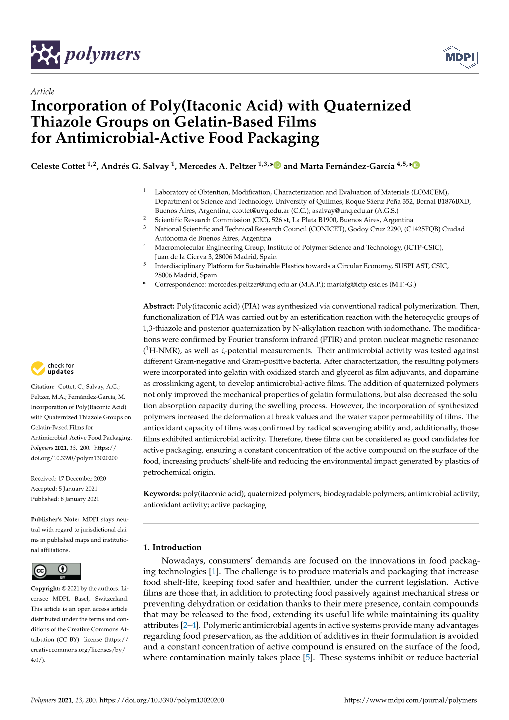 Incorporation of Poly(Itaconic Acid) with Quaternized Thiazole Groups on Gelatin-Based Films for Antimicrobial-Active Food Packaging