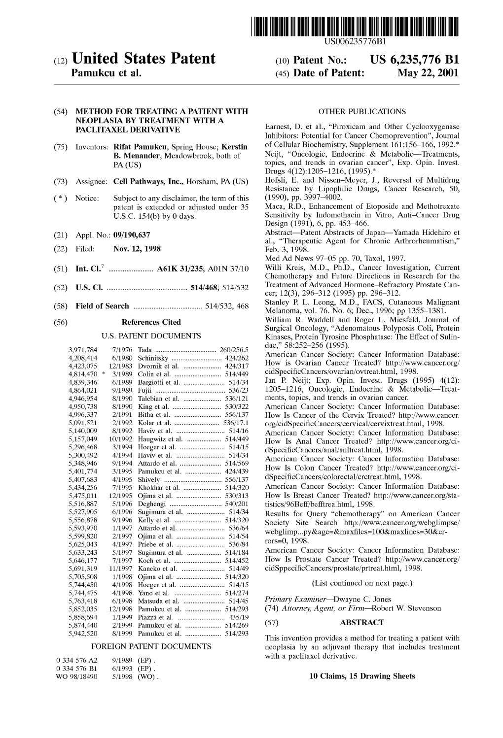 (12) United States Patent (10) Patent No.: US 6,235,776 B1 Pamukcu Et Al