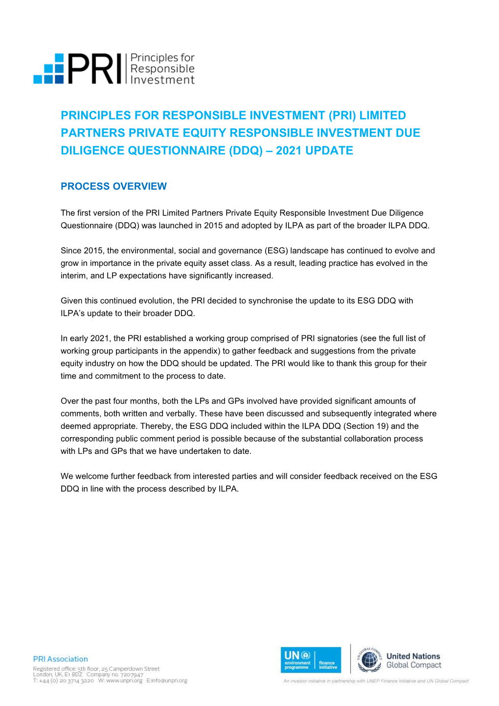 (Pri) Limited Partners Private Equity Responsible Investment Due Diligence Questionnaire (Ddq) – 2021 Update