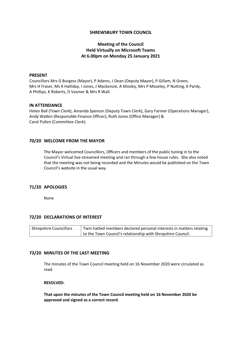 SHREWSBURY TOWN COUNCIL Meeting of the Council Held
