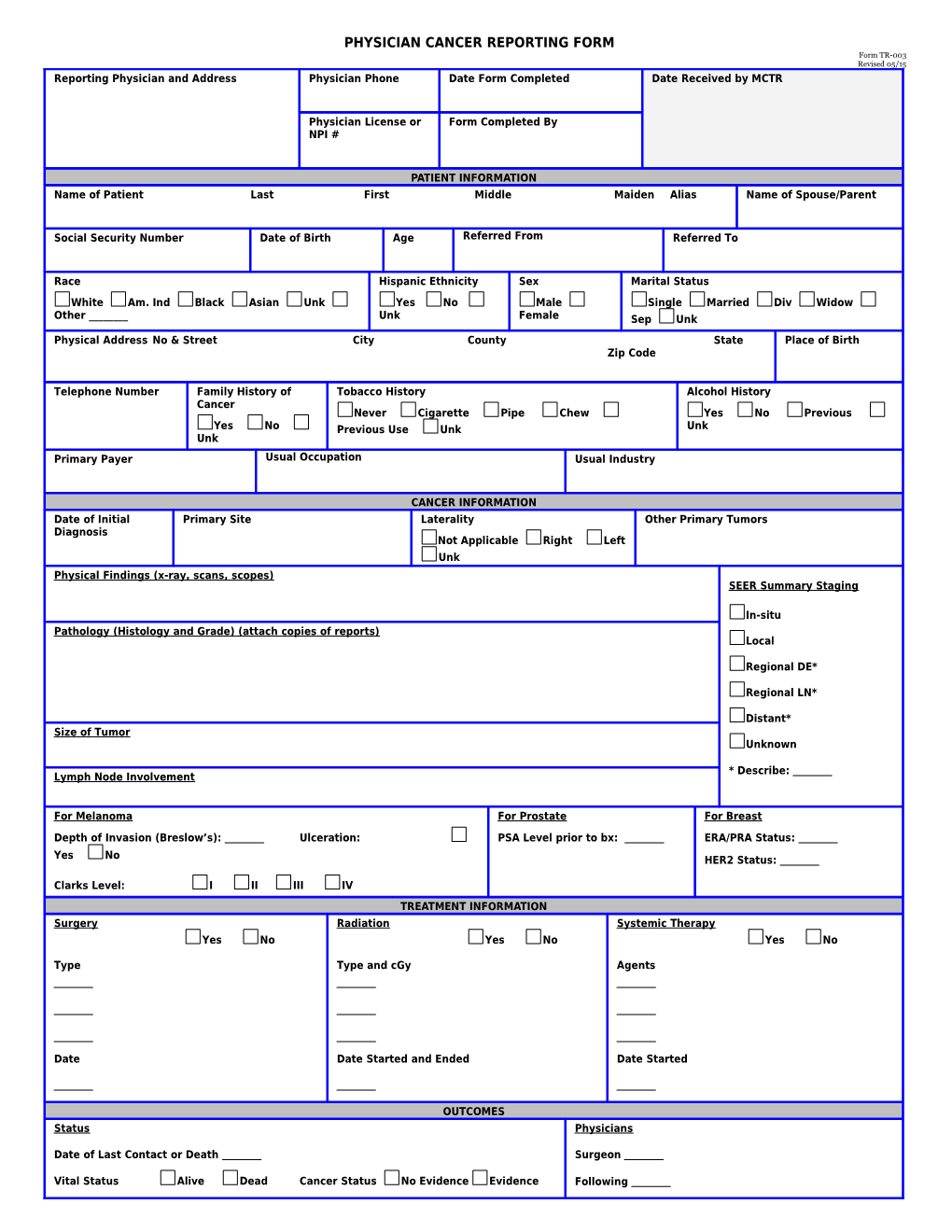 Physician Cancer Reporting Form