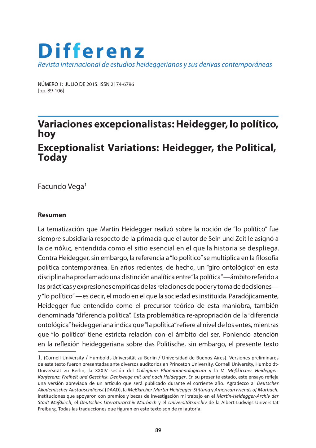 Differenz Revista Internacional De Estudios Heideggerianos Y Sus Derivas Contemporáneas