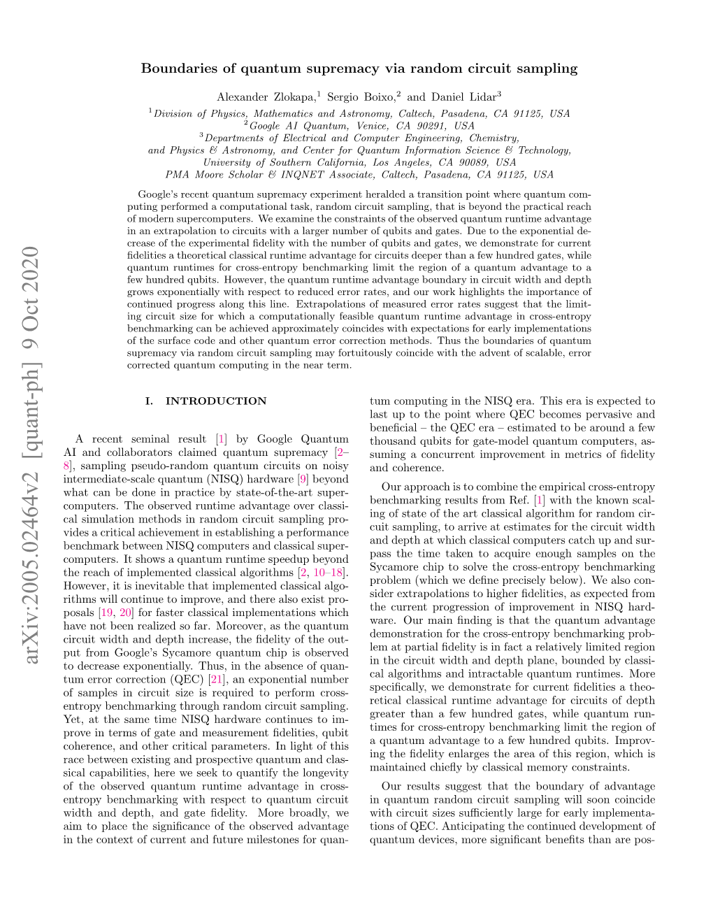 Arxiv:2005.02464V2 [Quant-Ph] 9 Oct 2020 to Decrease Exponentially