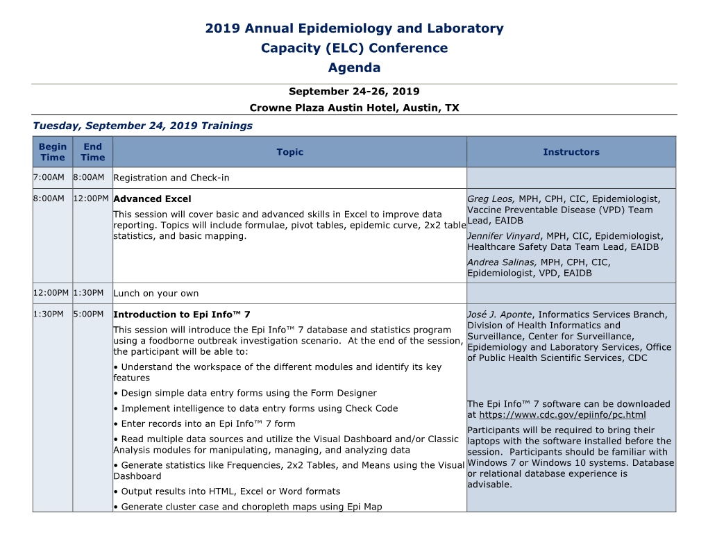 2019 ELC Conference Agenda Tuesday, September 24, 2019 Influenza Surveillance Workshop