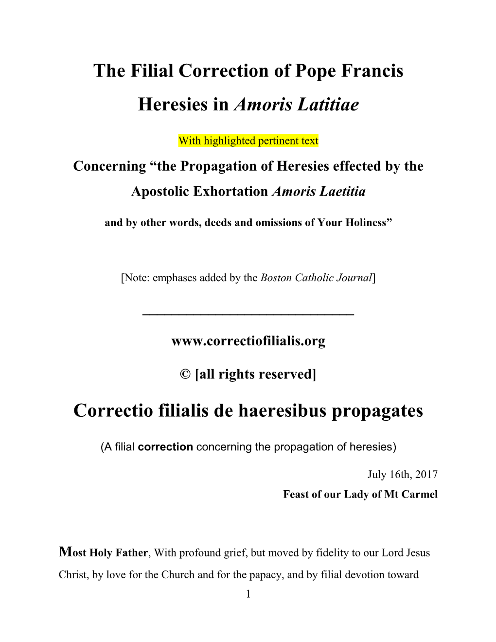 The Filial Correction of Pope Francis Heresies in Amoris Latitiae