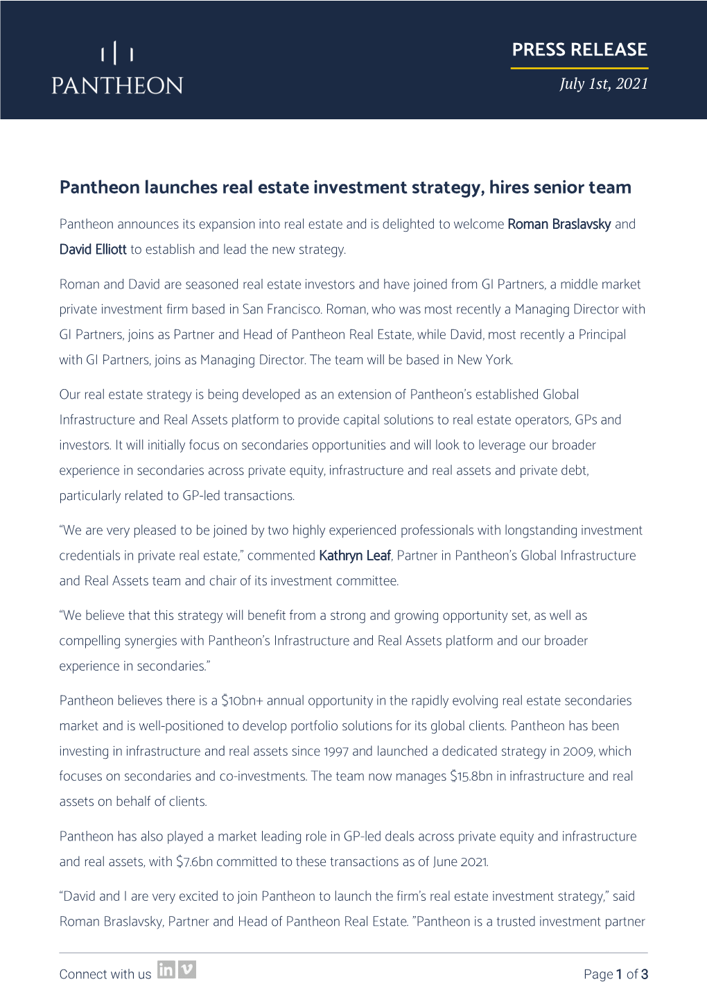 PRESS RELEASE Pantheon Launches Real Estate Investment Strategy