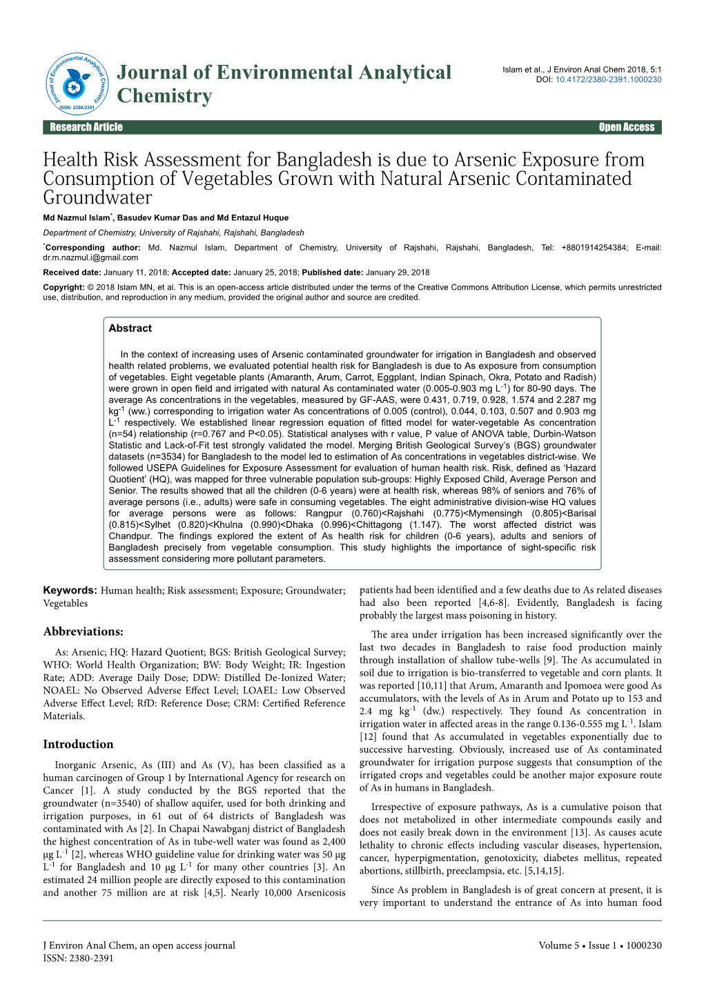 Health Risk Assessment for Bangladesh Is Due to Arsenic