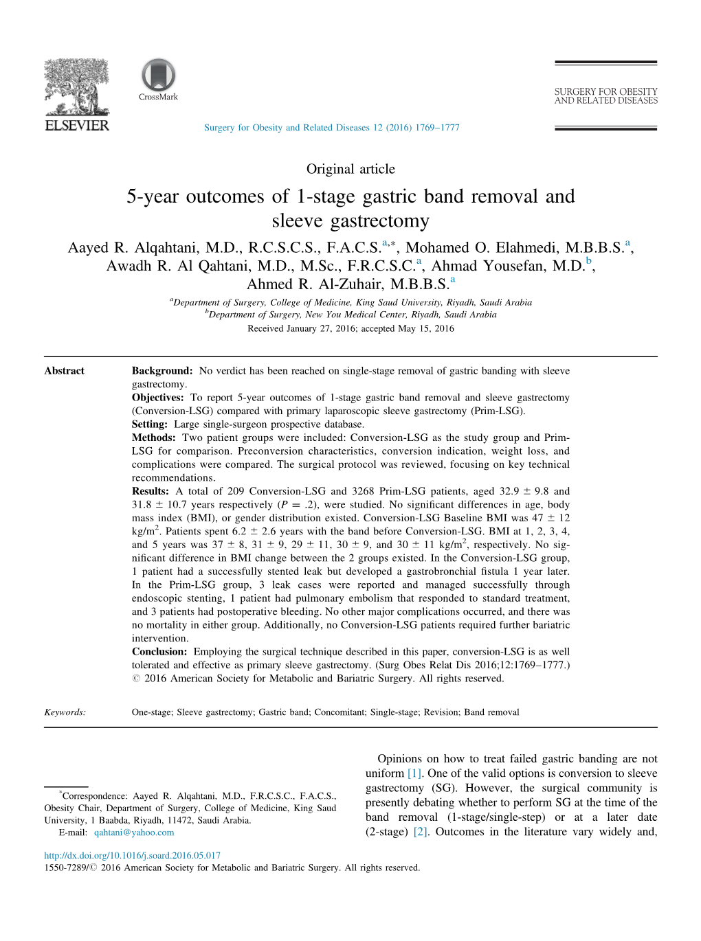 5-Year Outcomes of 1-Stage Gastric Band Removal and Sleeve Gastrectomy Aayed R