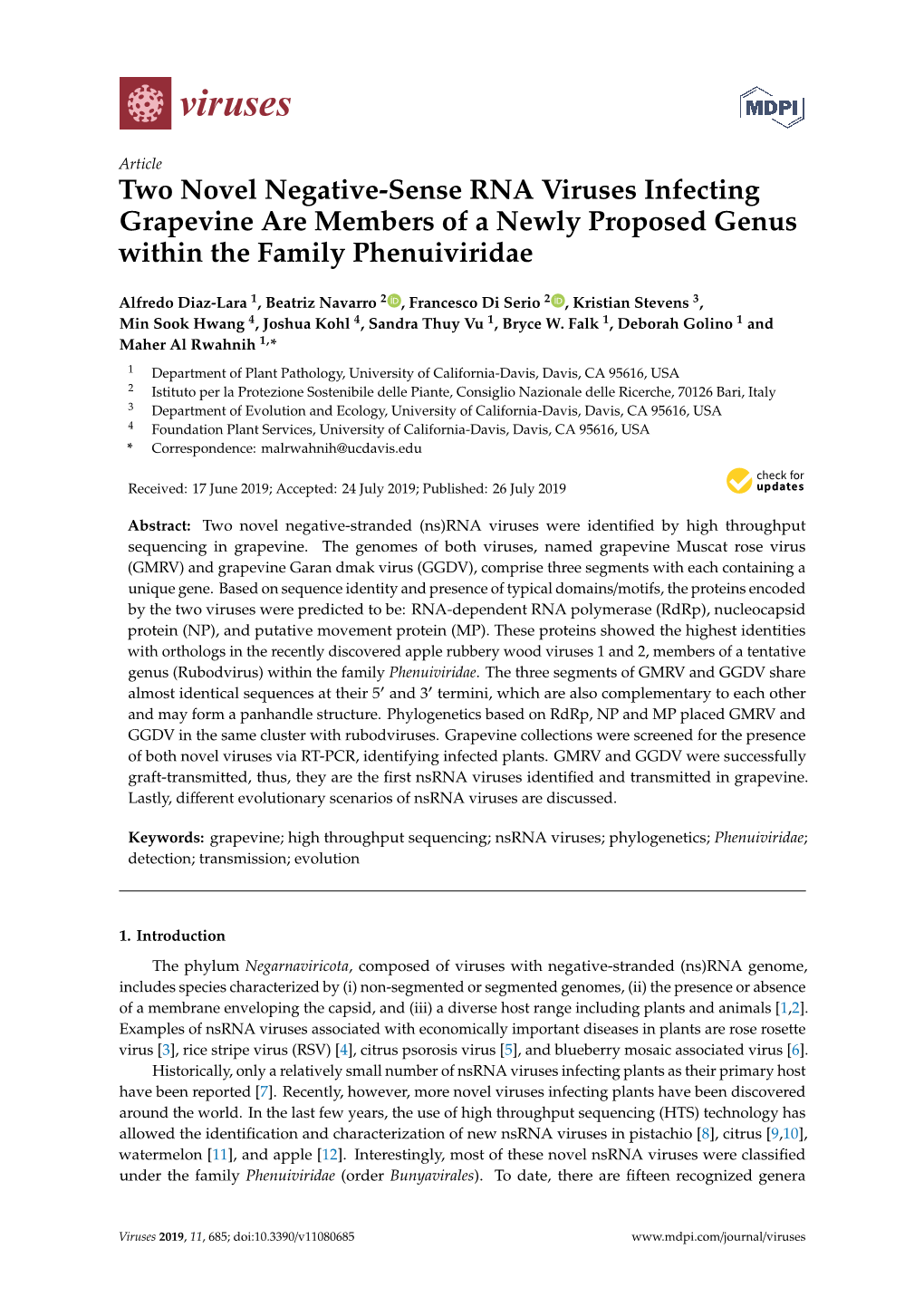 Two Novel Negative-Sense RNA Viruses Infecting Grapevine Are Members of a Newly Proposed Genus Within the Family Phenuiviridae