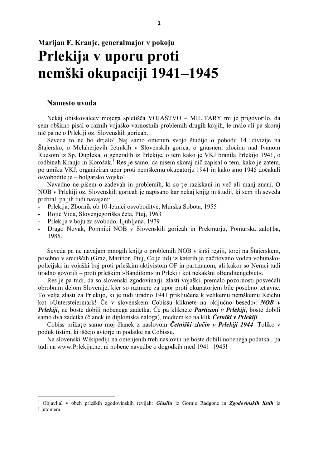 Prlekija V Uporu Proti Nemški Okupaciji 1941–1945