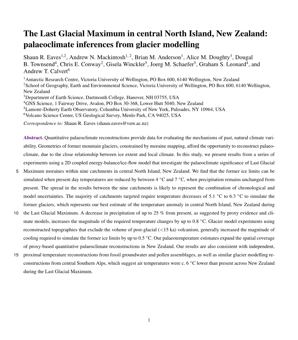 The Last Glacial Maximum in Central North Island, New Zealand: Palaeoclimate Inferences from Glacier Modelling Shaun R