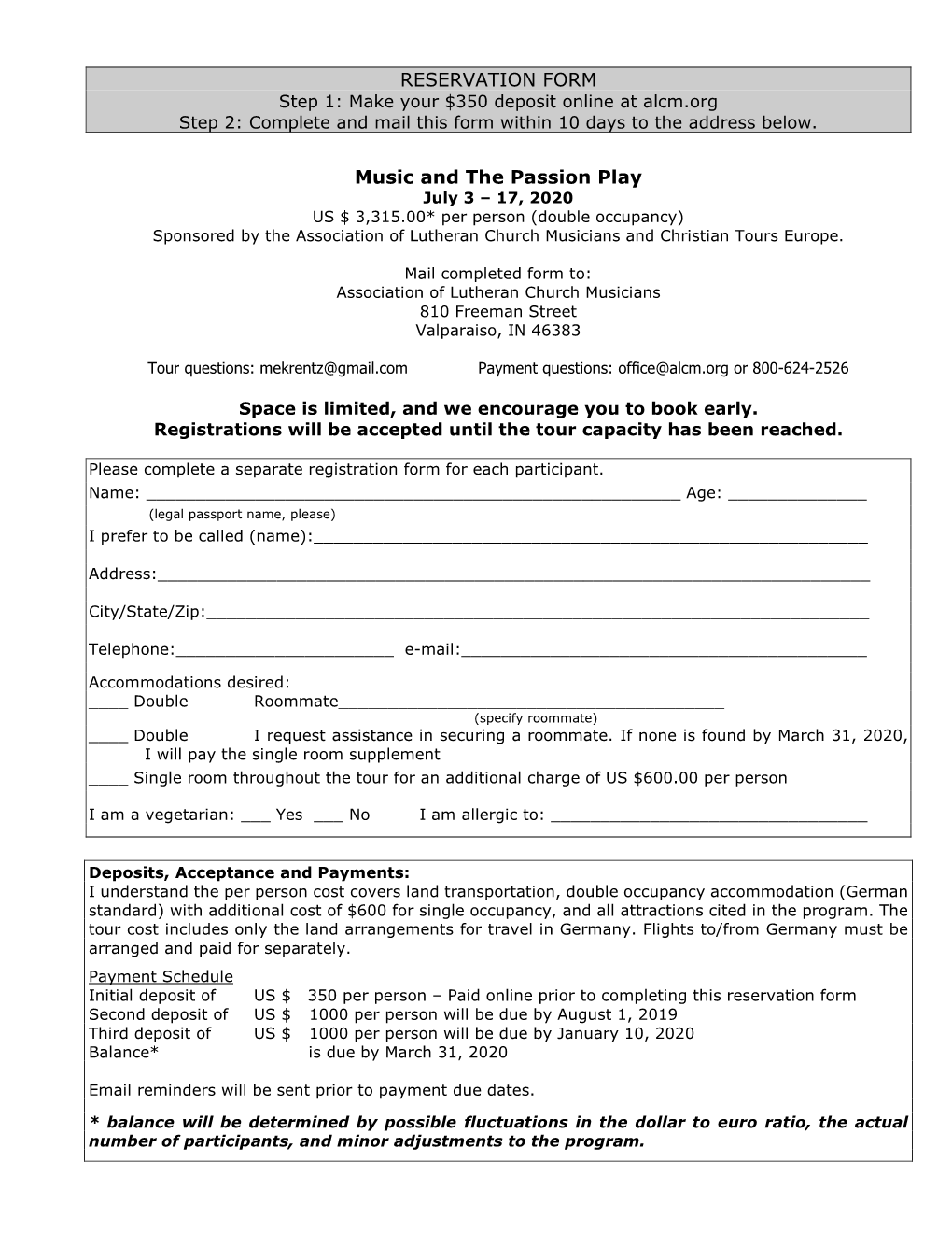 RESERVATION FORM Music and the Passion Play