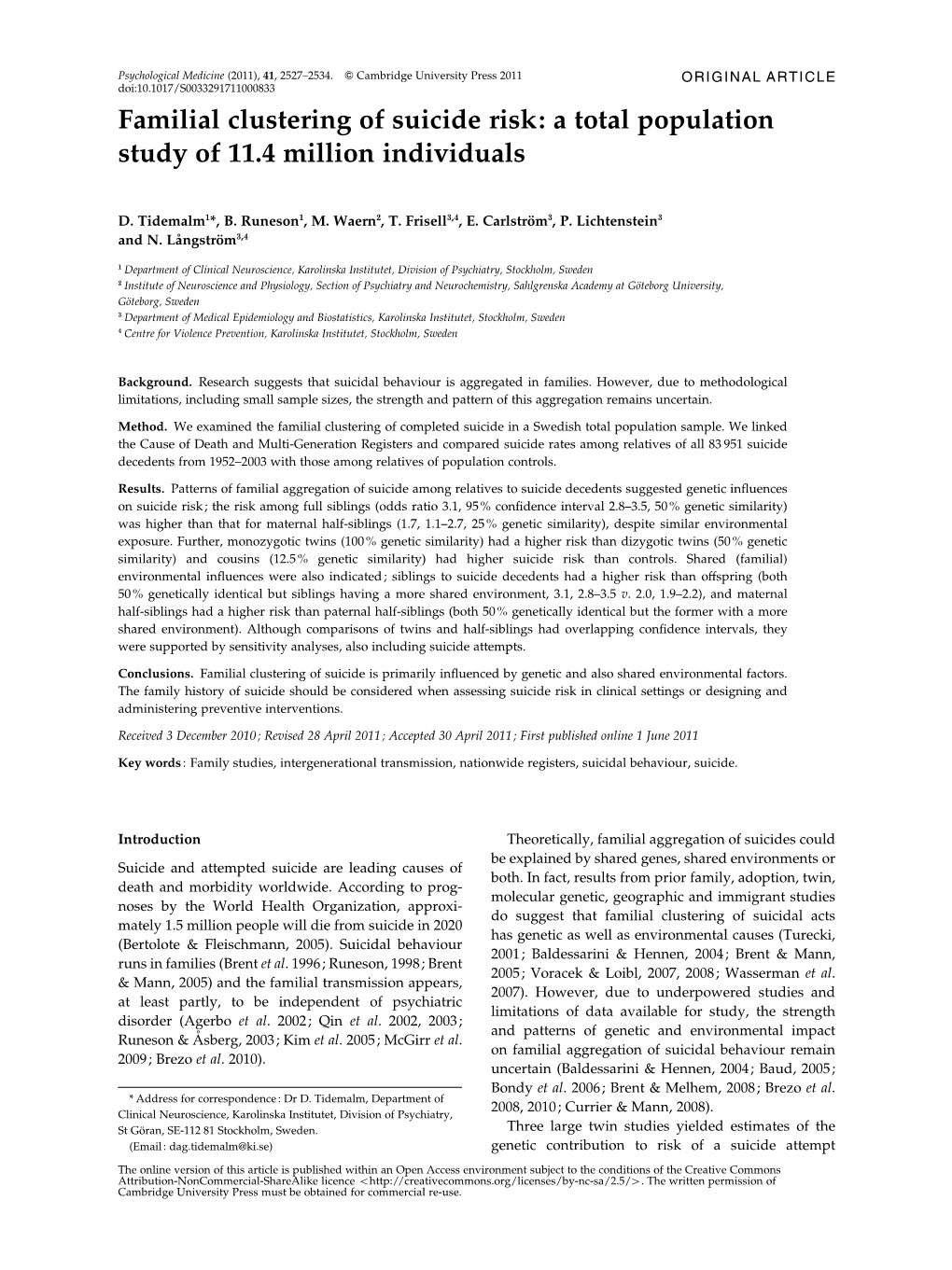 Familial Clustering of Suicide Risk: a Total Population Study of 11.4 Million Individuals