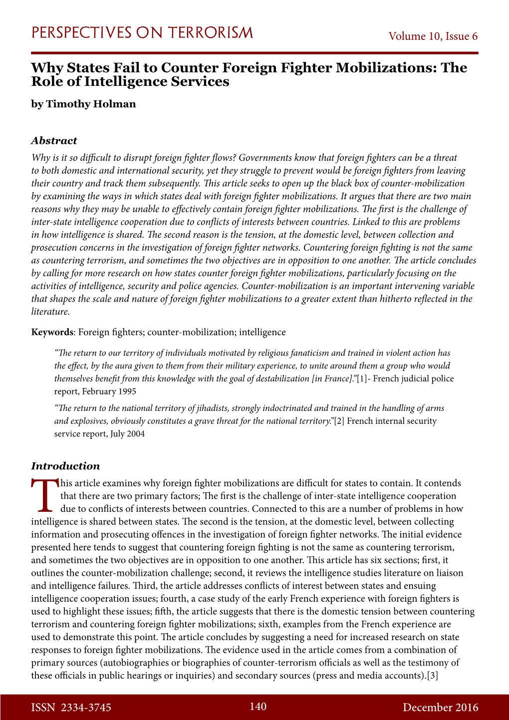 Why States Fail to Counter Foreign Fighter Mobilizations: the Role of Intelligence Services by Timothy Holman