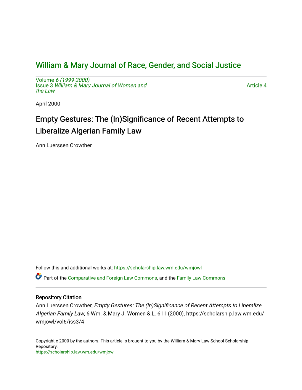 Empty Gestures: the (In)Significance of Recent Ttemptsa to Liberalize Algerian Family Law