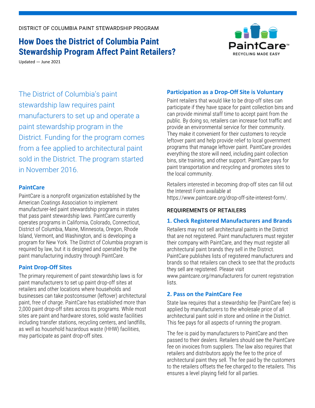 How Does the District of Columbia Paint Stewardship Program Affect Paint Retailers? Updated — June 2021