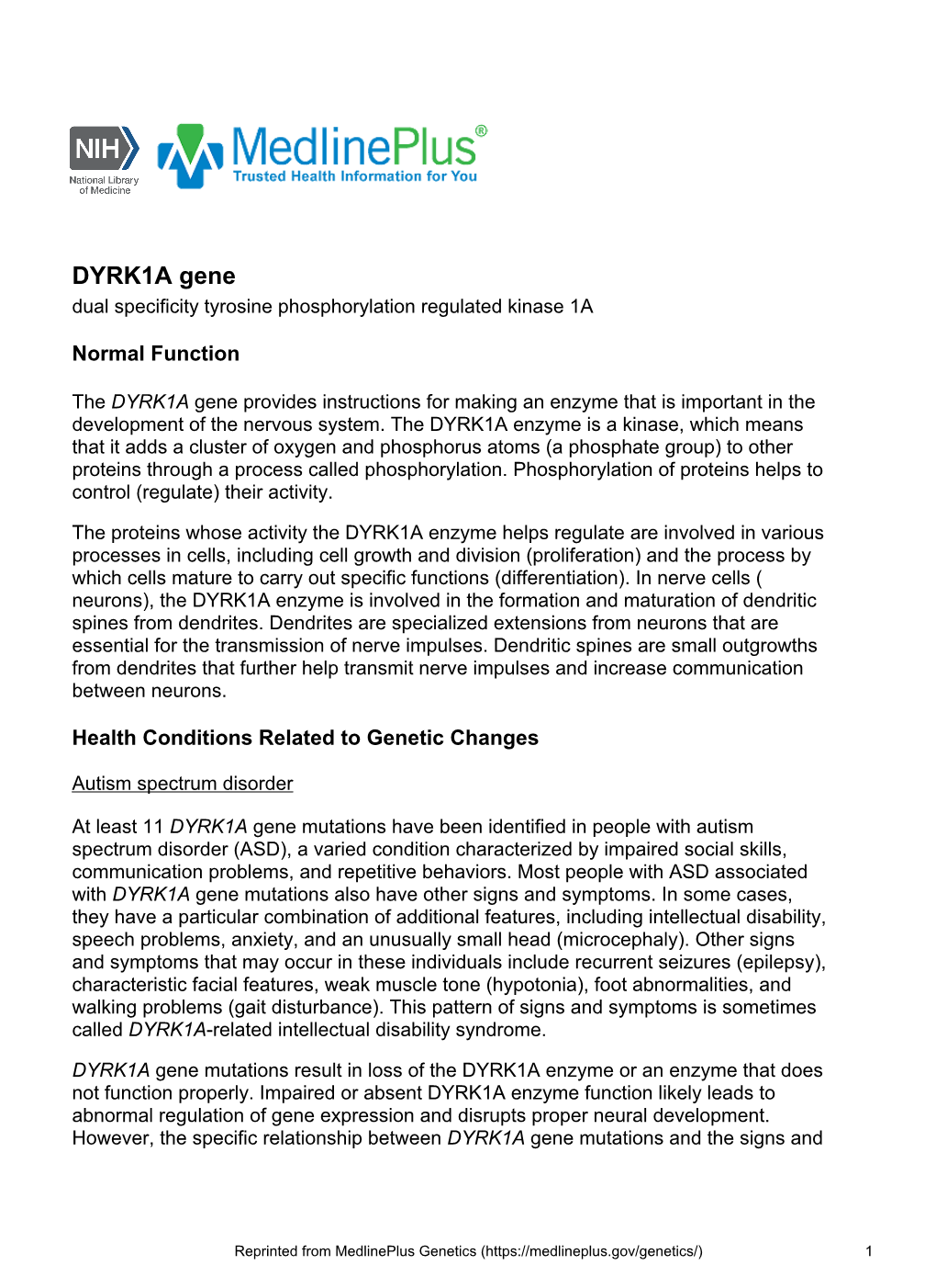 DYRK1A Gene Dual Specificity Tyrosine Phosphorylation Regulated Kinase 1A