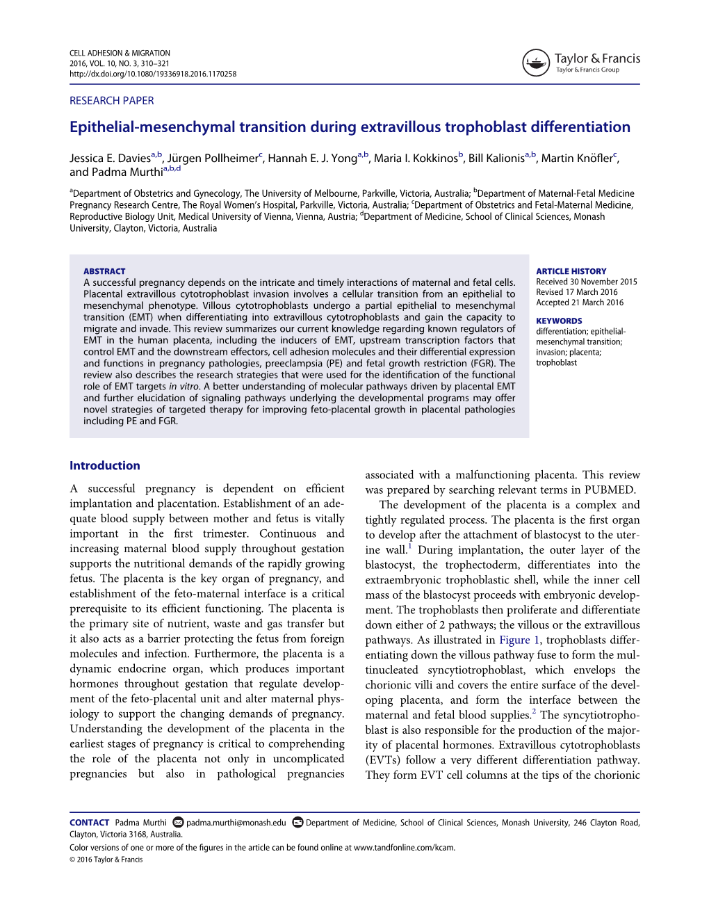 Epithelial-Mesenchymal Transition During Extravillous Trophoblast Differentiation