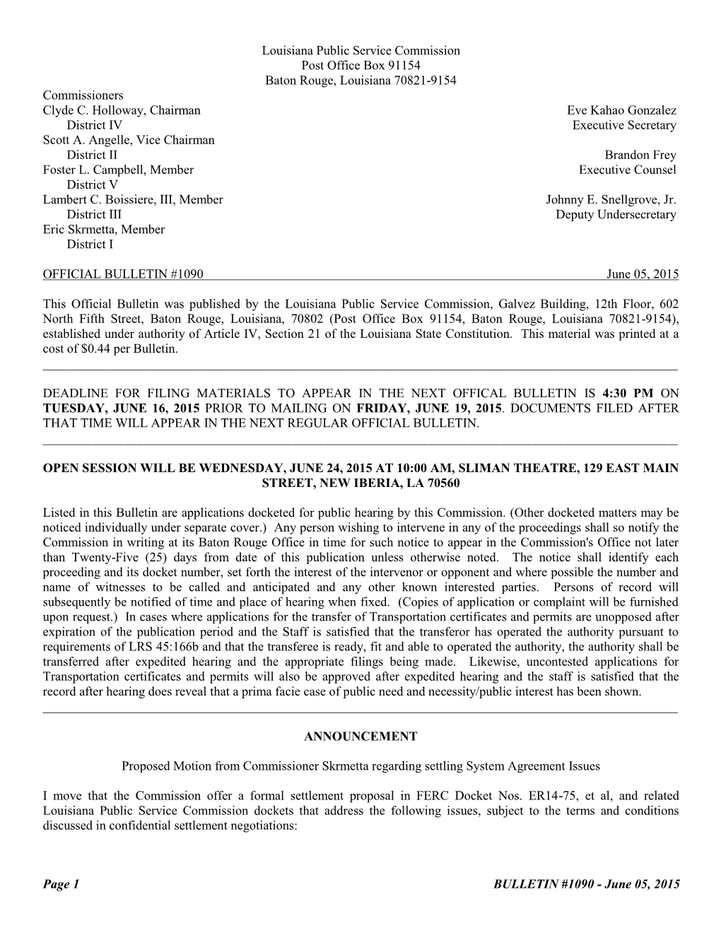 June 05, 2015 Louisiana Public Service Commission Post Office Box 91154 Baton Rouge, Louisiana 70821-91