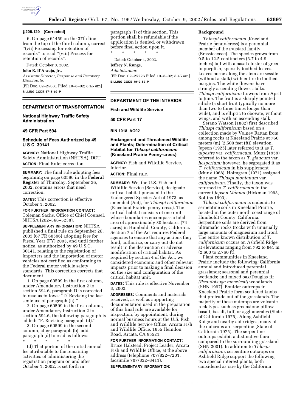 Federal Register/Vol. 67, No. 196/Wednesday, October 9, 2002/Rules and Regulations