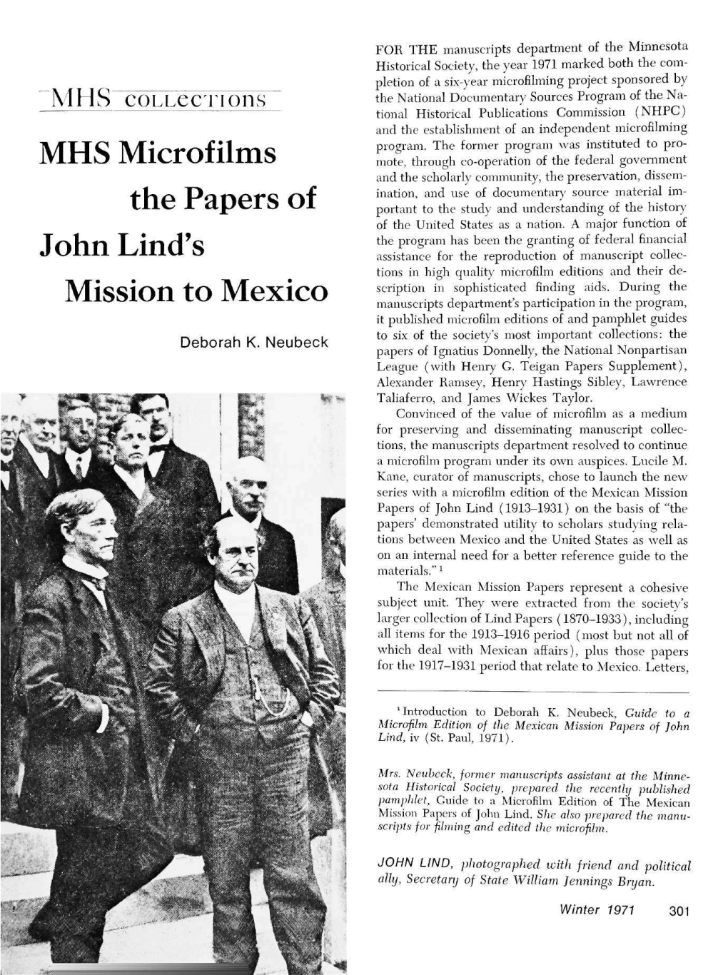 MHS Microfilms the Papers of John Lind's Mission to Mexico / Deborah