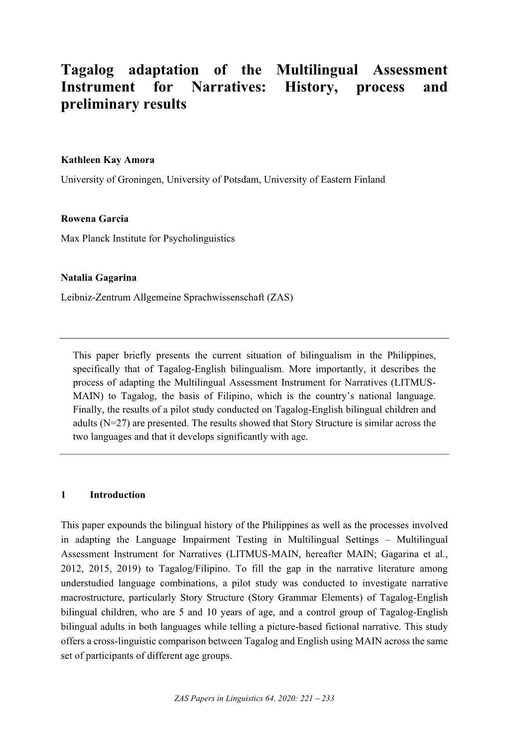 Tagalog Adaptation of the Multilingual Assessment Instrument for Narratives: History, Process and Preliminary Results