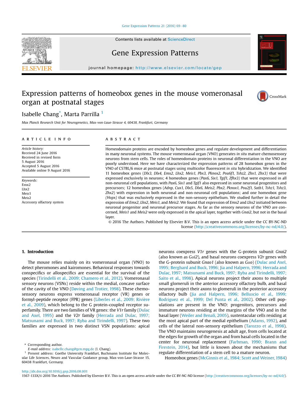 Expression Patterns of Homeobox Genes in the Mouse Vomeronasal Organ at Postnatal Stages