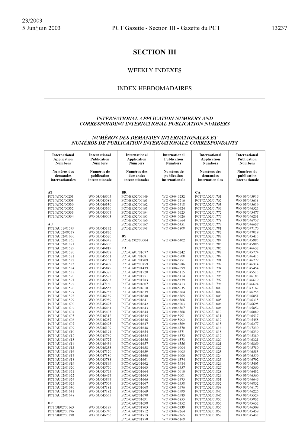 PCT Gazette, Weekly Issue No. 23, 2003