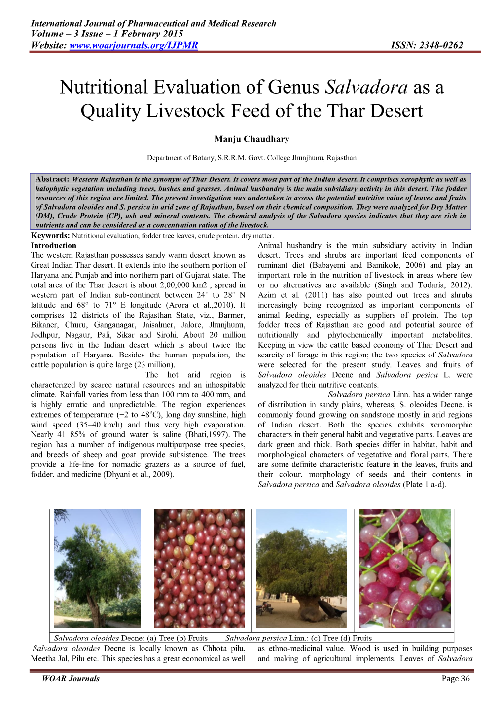 Nutritional Evaluation of Genus Salvadora As a Quality Livestock Feed of the Thar Desert