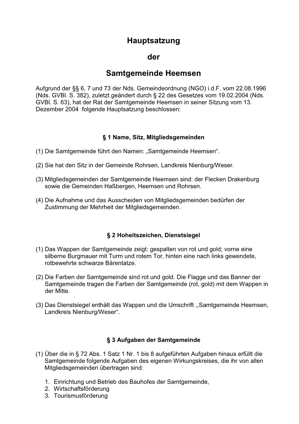 Hauptsatzung Der Samtgemeinde Heemsen