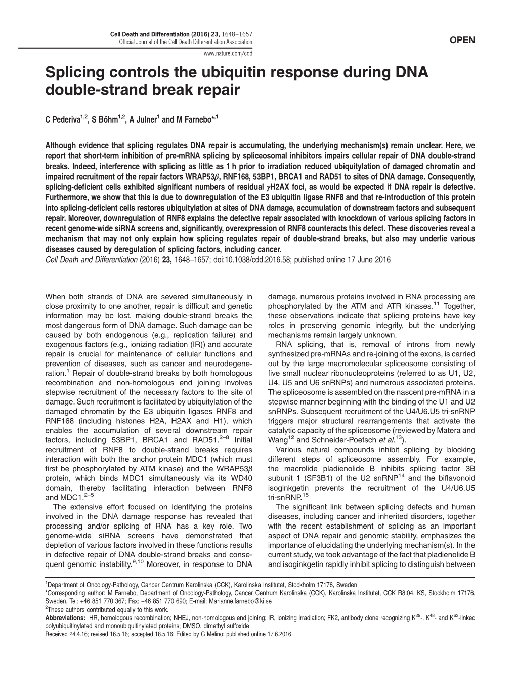 Splicing Controls the Ubiquitin Response During DNA Double-Strand Break Repair