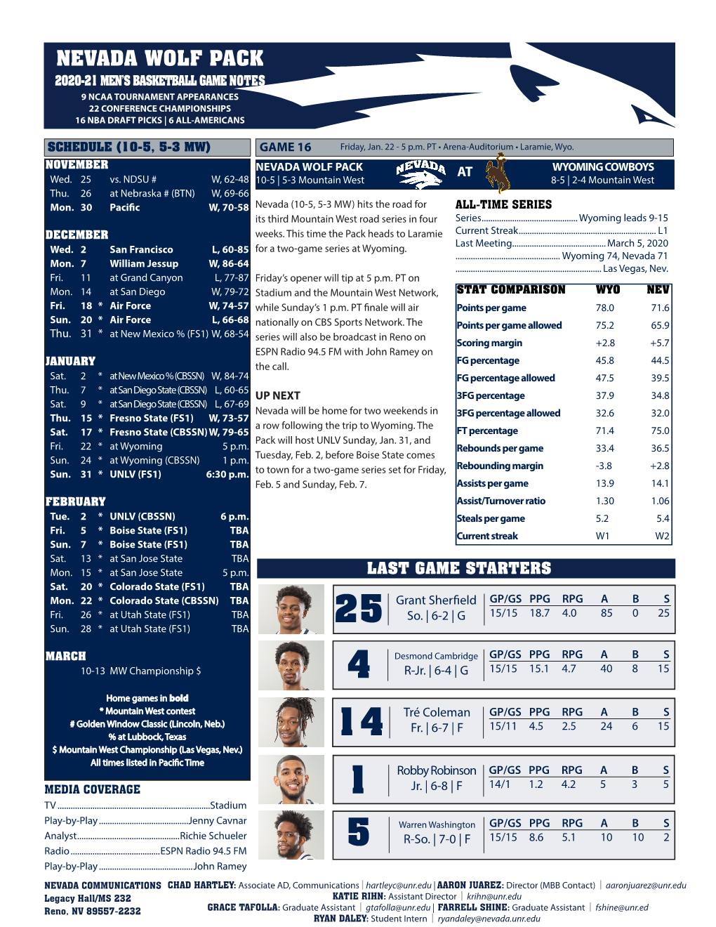Nevada Wolf Pack 2020-21 Men’S Basketball Game Notes 9 Ncaa Tournament Appearances 22 Conference Championships 16 Nba Draft Picks | 6 All-Americans