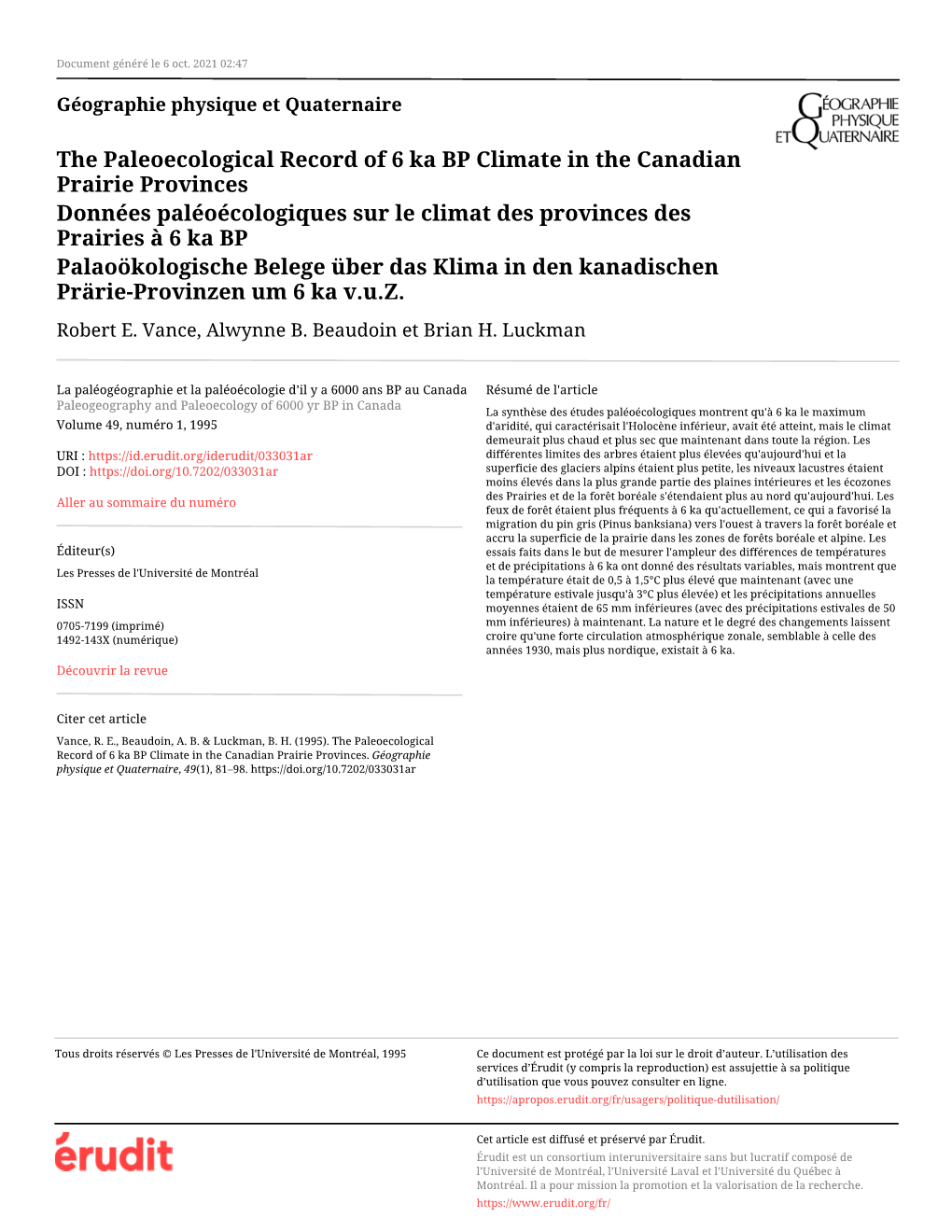 The Paleoecological Record of 6 Ka BP Climate in the Canadian Prairie