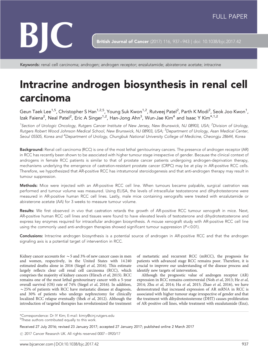 Intracrine Androgen Biosynthesis in Renal Cell Carcinoma