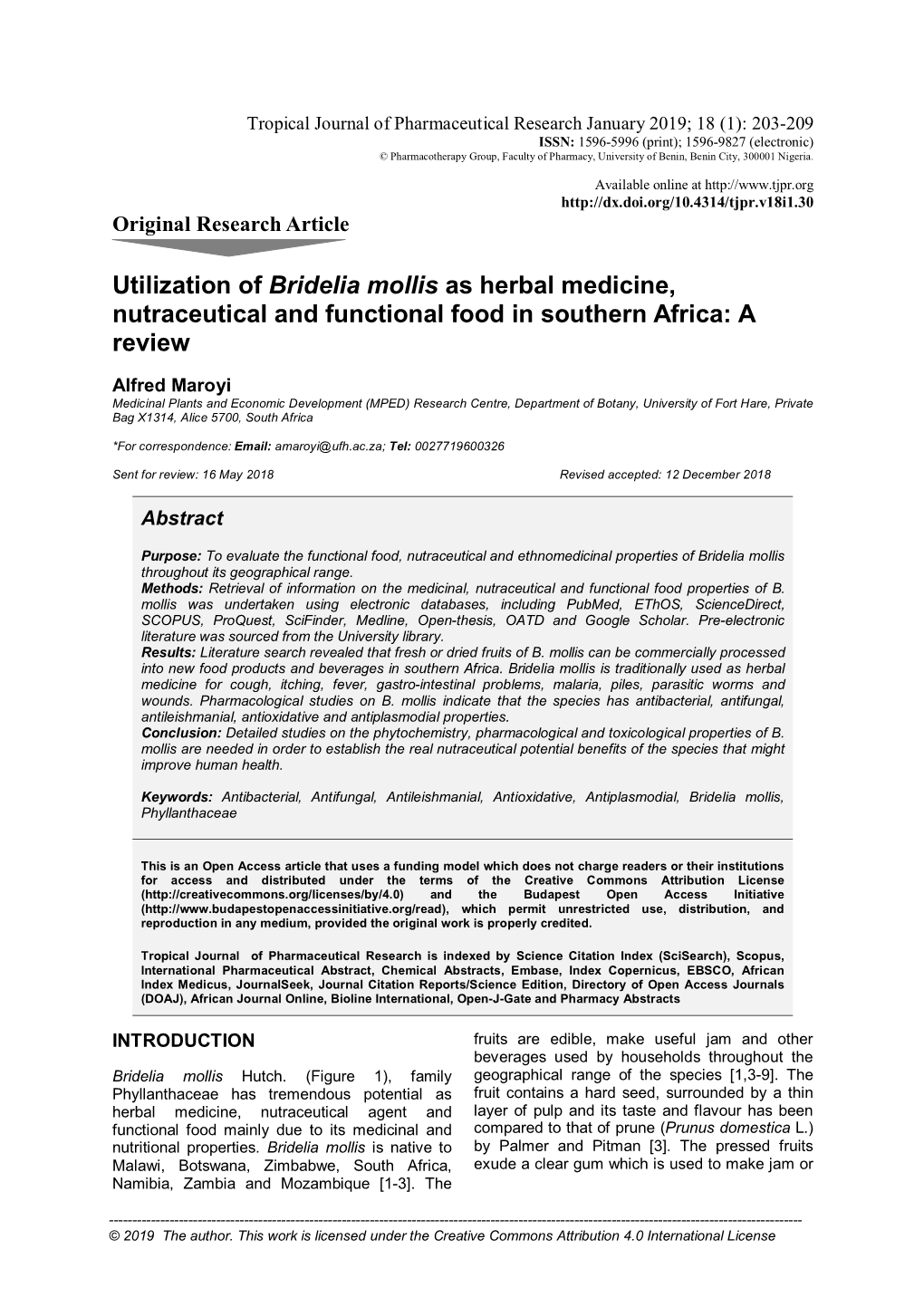 Utilization of Bridelia Mollis As Herbal Medicine, Nutraceutical and Functional Food in Southern Africa: a Review