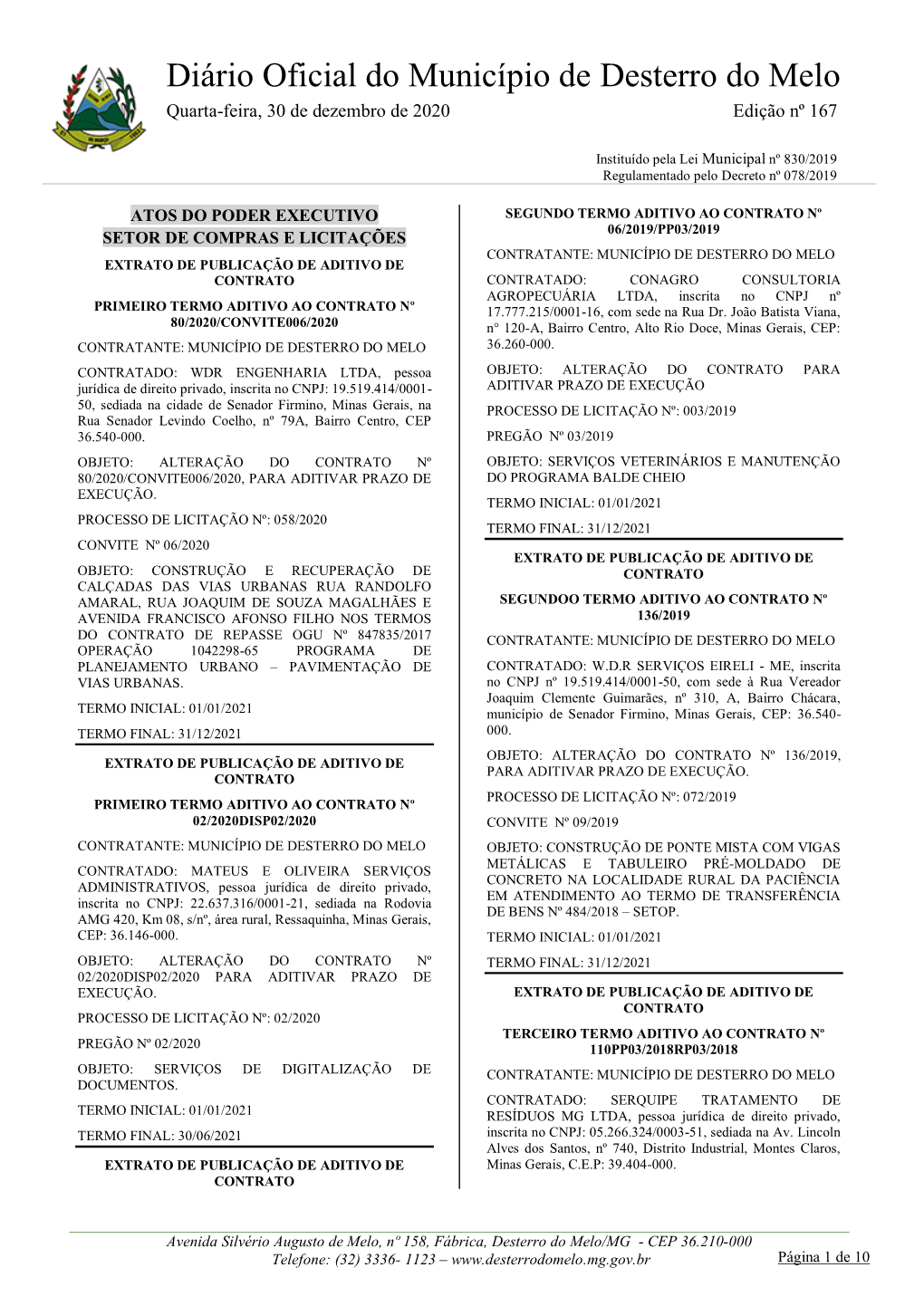 Diário Oficial Do Município De Desterro Do Melo Quarta-Feira, 30 De Dezembro De 2020 Edição Nº 167