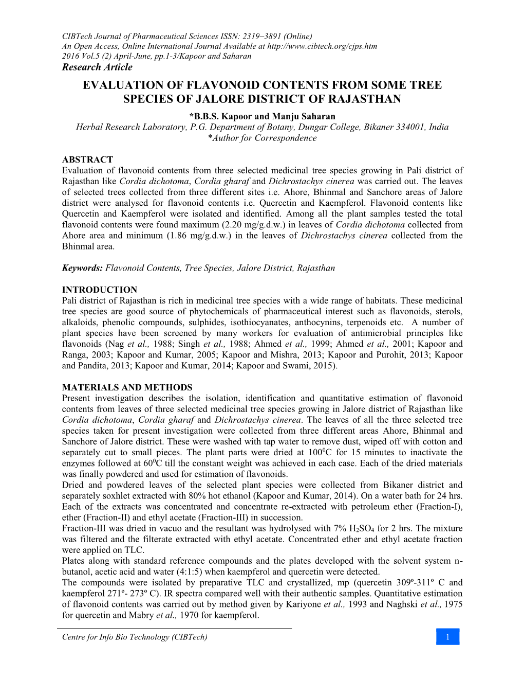 Evaluation of Flavonoid Contents from Some Tree Species of Jalore District of Rajasthan *B.B.S