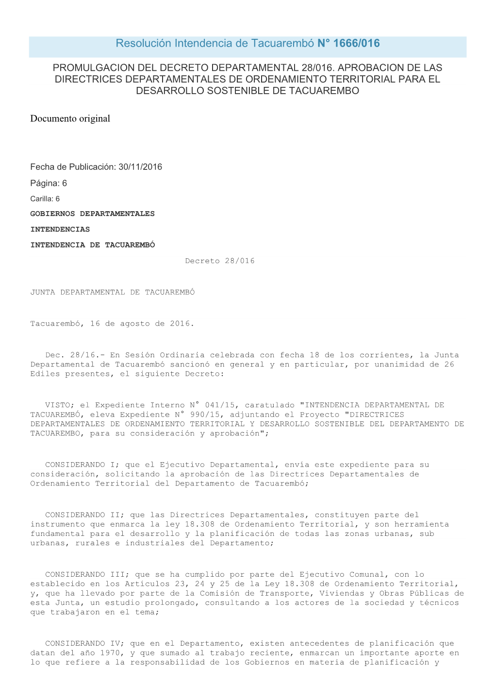 Resolución Intendencia De Tacuarembó N° 1666/016